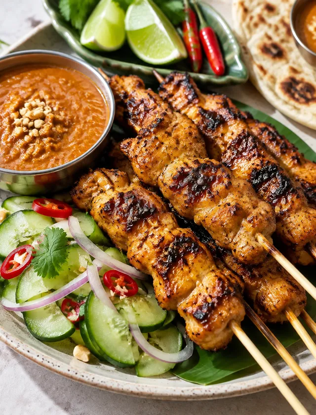 A close-up platter of charred chicken satay skewers overlaps across the foreground, the caramelized marinade forming blackened grill marks a
