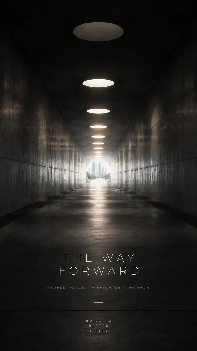 Premium 4:5 conceptual advertising poster for a modern urban development brand. A long underground pedestrian tunnel with perfectly smooth a