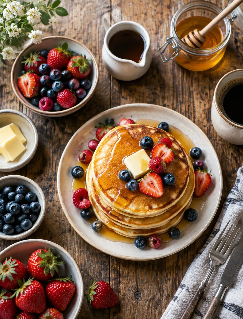 پرامپت پس‌زمینه با چت جی پی تی GPT Image : "Top-down shot of a rustic breakfast spread —… - ساخته‌شده با چت جی پی تی GPT…