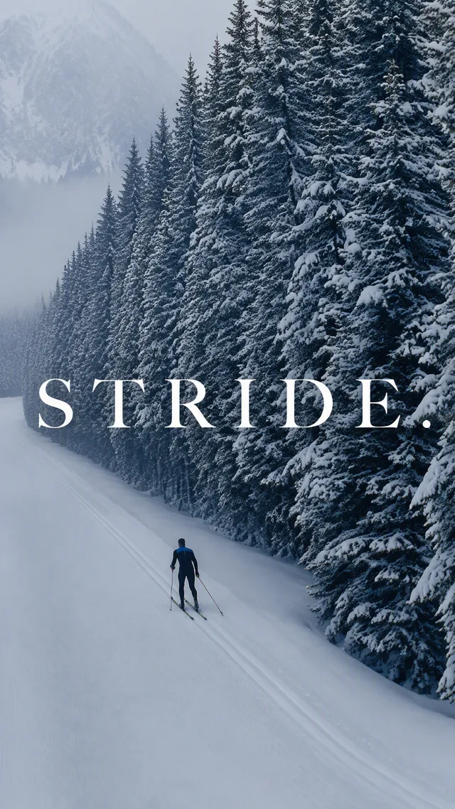 Create a premium 9:16 winter sports editorial. Main Subject: Young male cross-country skier gliding through a snow-covered pine forest. Crea