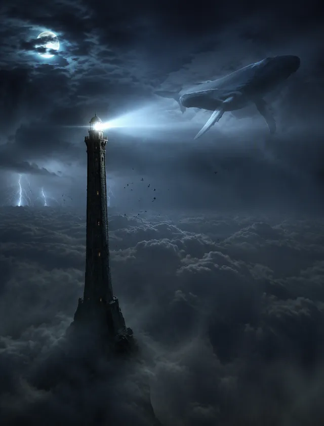 A colossal ancient lighthouse rising from a tiny rocky island in the middle of an endless ocean of clouds at night. The lighthouse is so tal