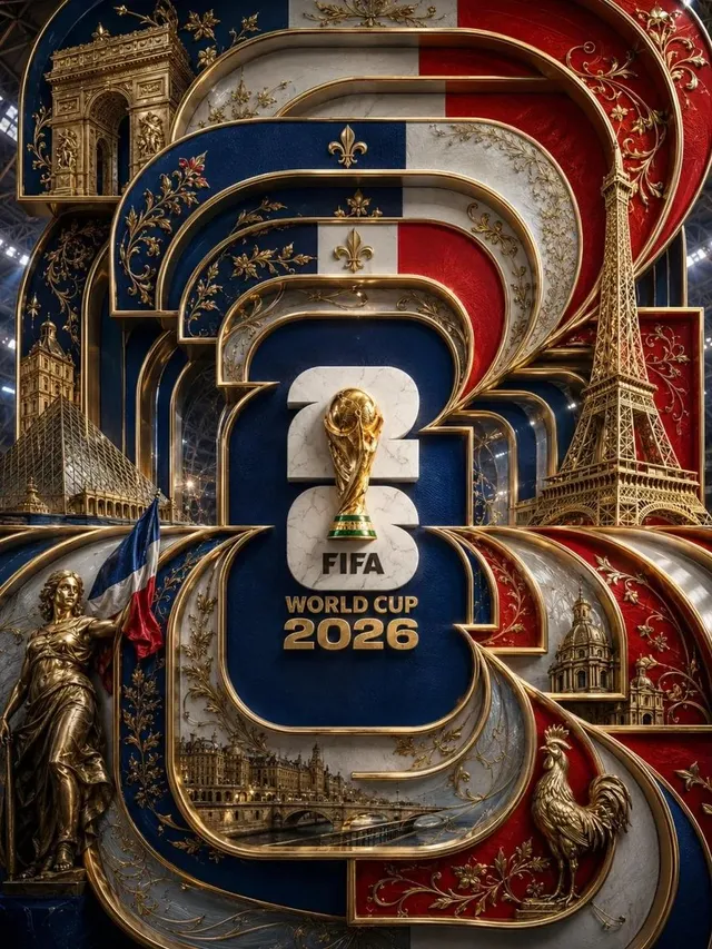 Ultra-detailed luxury 3D FIFA World Cup 2026 France poster. Massive layered "2026" typography dominates the composition, formed from interlo
