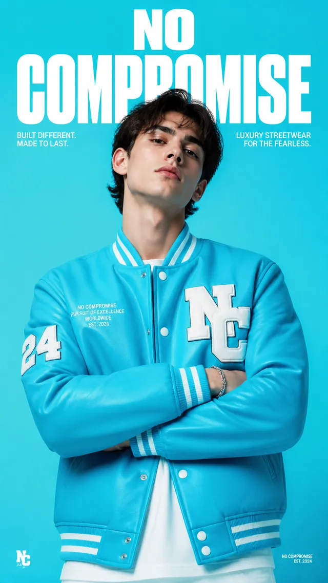 Premium editorial fashion poster.
Main Subject: Young male model wearing a bright cyan varsity jacket.
Pose: Arms folded confidently while t