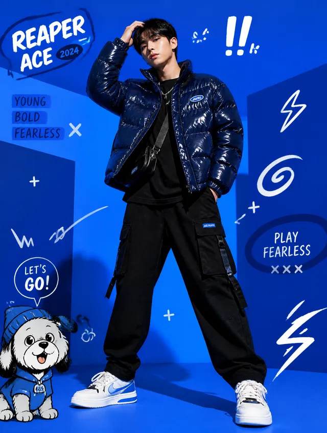 A full-body fashion editorial scene against a vibrant electric-blue studio background with layered geometric blue shapes and overlays. The c