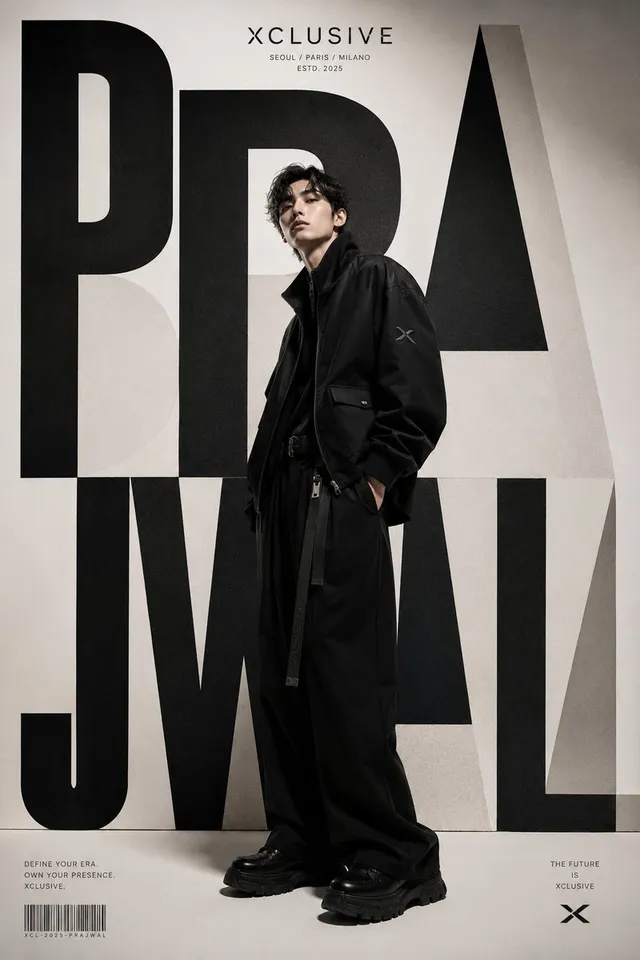 A world-class luxury fashion editorial poster for XCLUSIVE, inspired by contemporary Korean luxury streetwear campaigns and high-end fashion