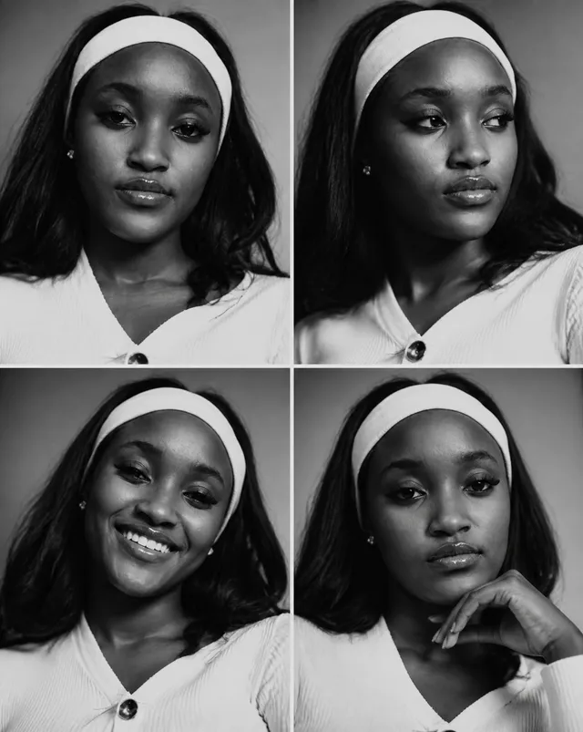 Black-and-white fashion casting contact sheet of [Human] with [Hair], arranged in a clean 2x2 grid of four close portrait frames against [Ba