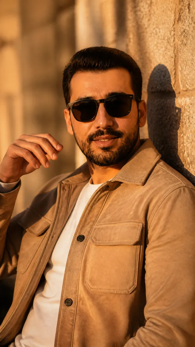 A cinematic golden hour portrait of a stylish man leaning...