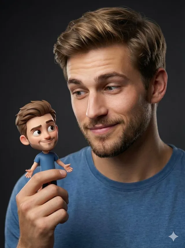 { "Objective": "Create a hyper-realistic studio portrait blending photorealism with a whimsical 3D cartoon miniature character", "