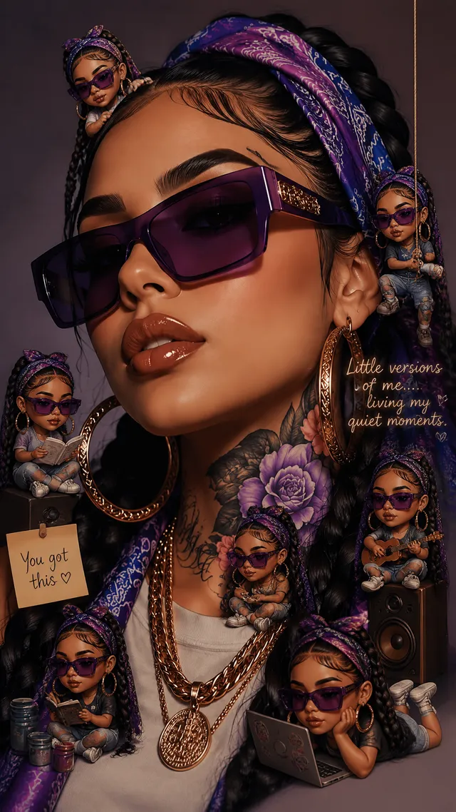 An Ultrs-hyper-realistic airbrush glossy image of A stunning, ethereal young woman [image1]Mini “chibi 3D” versions of the same pe