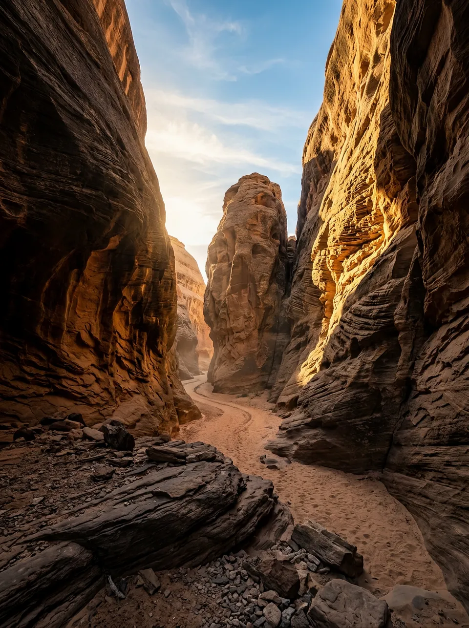 پرامپت پس‌زمینه با نانو بنانا جمینای : Towering sandstone cliffs form a narrow desert… - ساخته‌شده با نانو بنانا جمینای