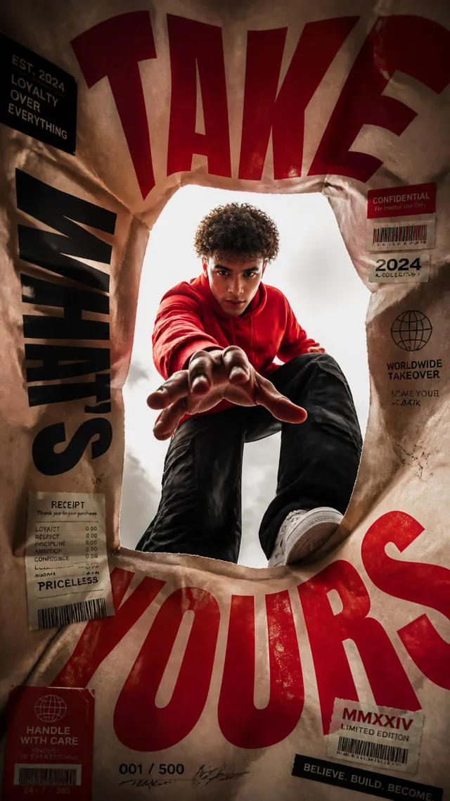 A premium 9:16 streetwear editorial advertising poster.Ma...
