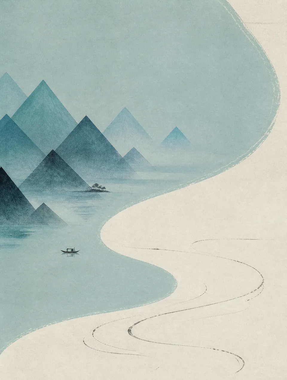 پرامپت سه‌بعدی با چت جی پی تی GPT Image : 一幅融合宋代山水画意境与极简主义构成的现代艺术作品。画面以天青色为主调，占据60%面积。采用S… - ساخته‌شده با چت جی پی تی GPT…