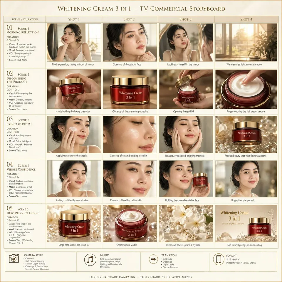 پرامپت استوری‌بورد با چت جی پی تی GPT Image : Create a 15-second cinematic luxury skincare… - ساخته‌شده با چت جی پی تی GPT…