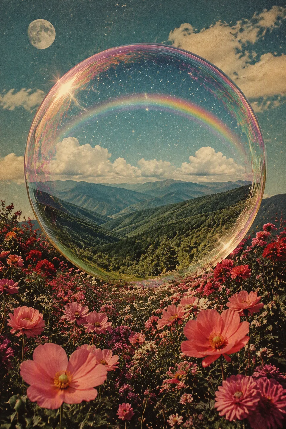 پرامپت پس‌زمینه با چت جی پی تی GPT Image : A surreal landscape collage features a large,… - ساخته‌شده با چت جی پی تی GPT…