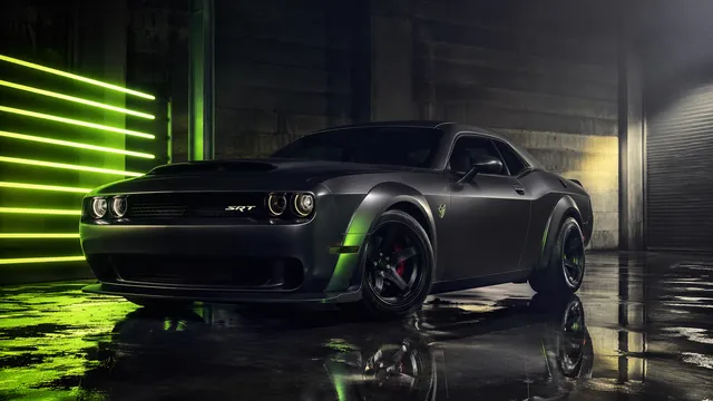Cinematic automotive studio shot of a Dodge Challenger SR...
