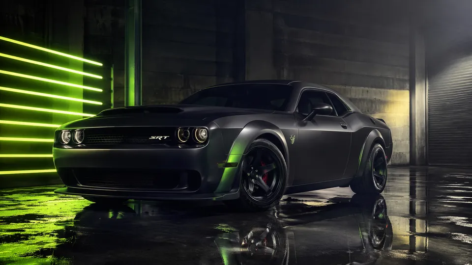 پرامپت پس‌زمینه با چت جی پی تی GPT Image : Cinematic automotive studio shot of a Dodge… - ساخته‌شده با چت جی پی تی GPT Image