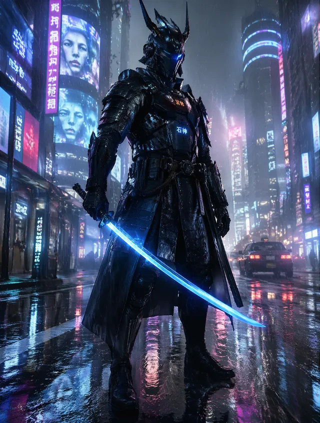 An ultra-realistic cyber samurai standing in a neon-lit f...