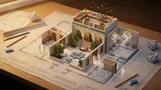 پرامپت سه‌بعدی با نانو بنانا جمینای : An architectural floor plan of {BUILDING TYPE}… - ساخته‌شده با نانو بنانا جمینای