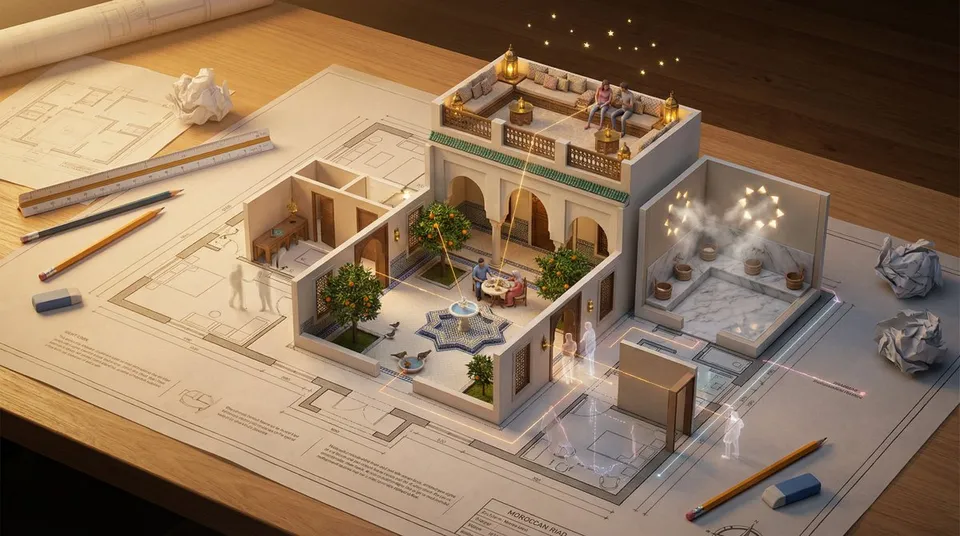پرامپت سه‌بعدی با نانو بنانا جمینای : An architectural floor plan of {BUILDING TYPE}… - ساخته‌شده با نانو بنانا جمینای