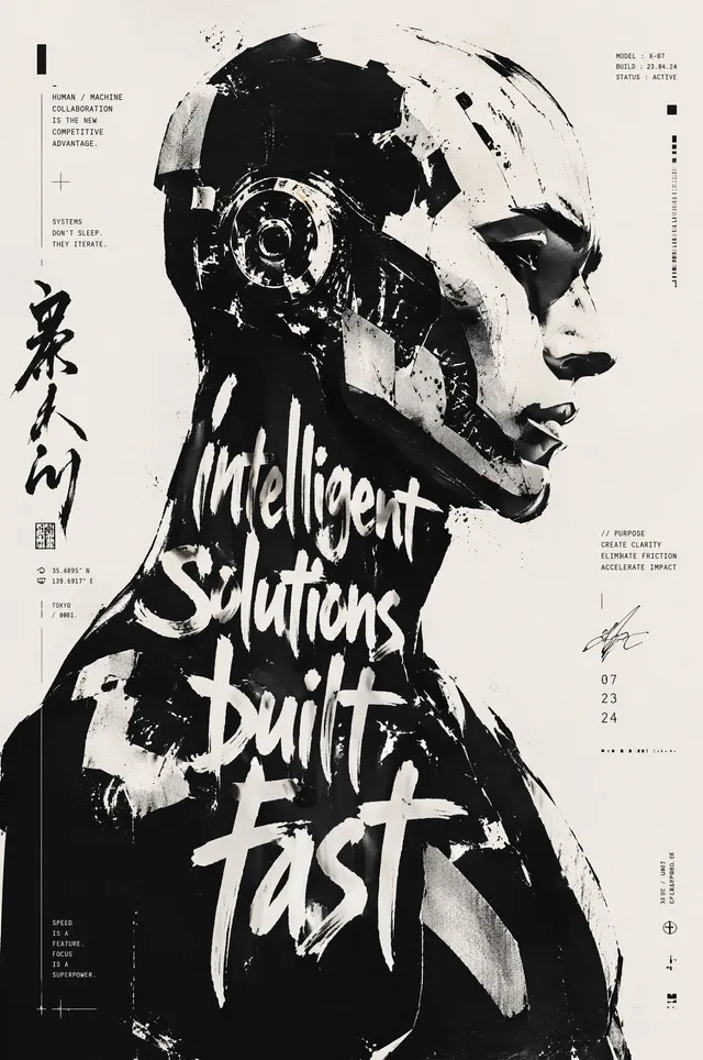 High-contrast black and white typographic portrait poster...