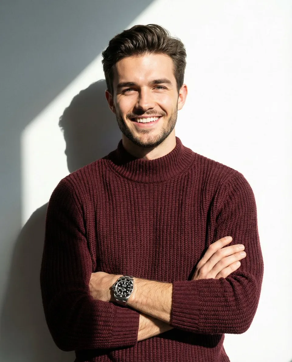 پرامپت عکاسی با نانو بنانا جمینای : A man smiling and posing with his arms… - ساخته‌شده با نانو بنانا جمینای