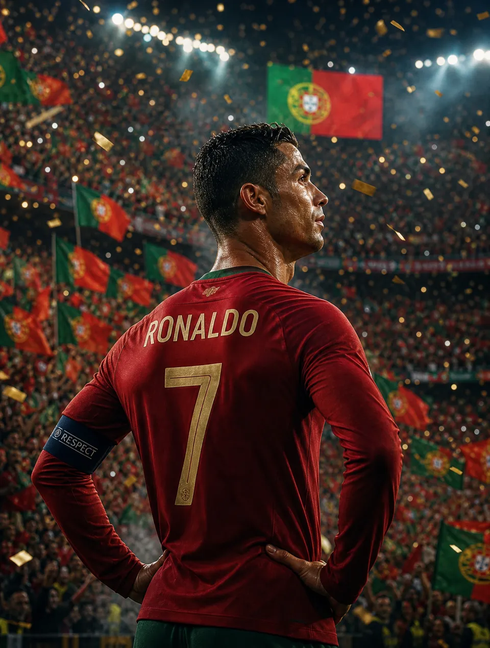 پرامپت عکاسی با چت جی پی تی GPT Image : Cristiano Ronaldo stands alone with both hands… - ساخته‌شده با چت جی پی تی GPT Image