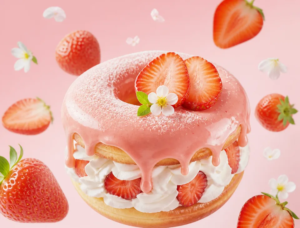پرامپت پس‌زمینه با چت جی پی تی GPT Image : DONAT makanan penutup {FRUIT} yang… - ساخته‌شده با چت جی پی تی GPT Image