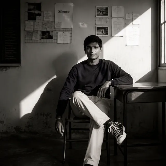 Create a high-contrast black and white portrait in a quie...