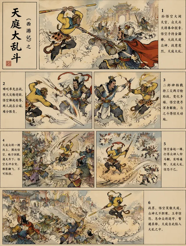 请以传统中国连环画/小人书的风格绘制《西游记》中的“天庭大乱斗”。运用经典的墨线技法，以黑色勾勒轮廓并采用传统着色...