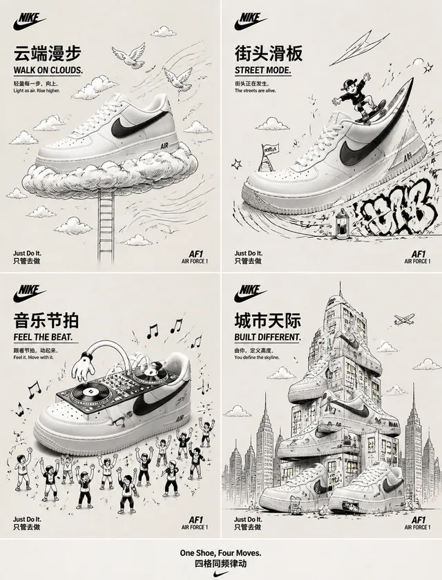 请生成一张高端2×2网格广告海报，为 Nike Air Force 1 创作。【版式】2×2等分四格，方形面板，均...
