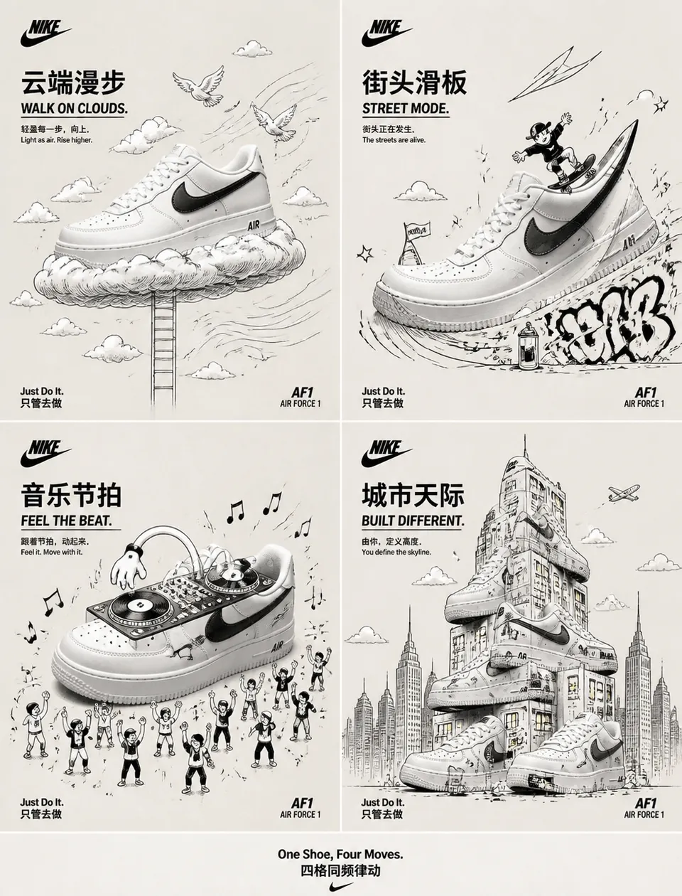 پرامپت طراحی با چت جی پی تی GPT Image : 请生成一张高端2×2网格广告海报，为 Nike Air Force 1… - ساخته‌شده با چت جی پی تی GPT Image