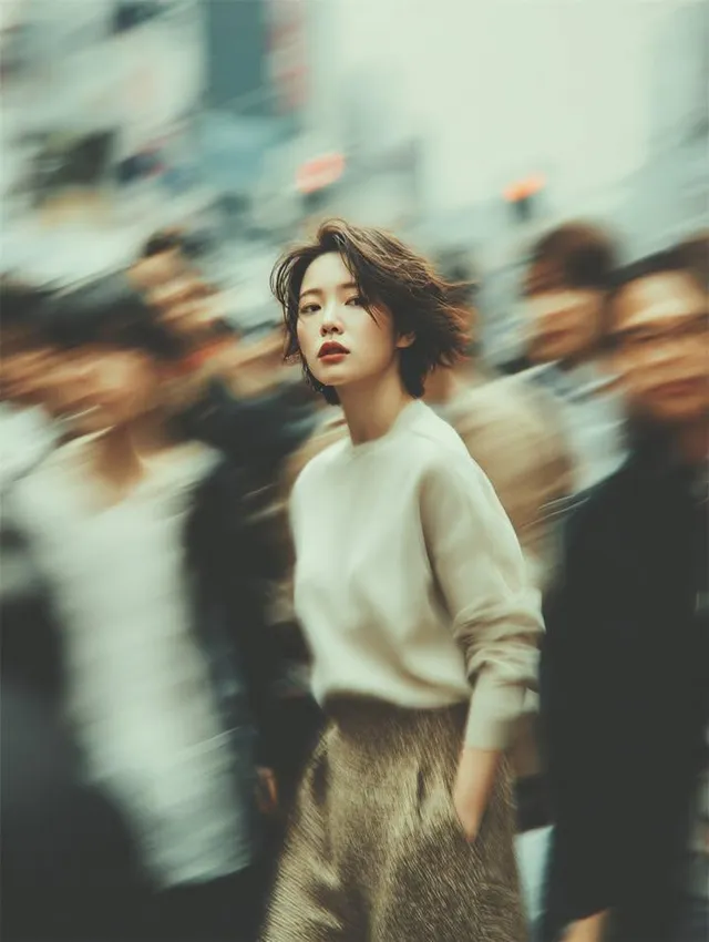 A cinematic street portrait of a young woman standing still in a busy urban crowd, captured with motion blur all around her. She h