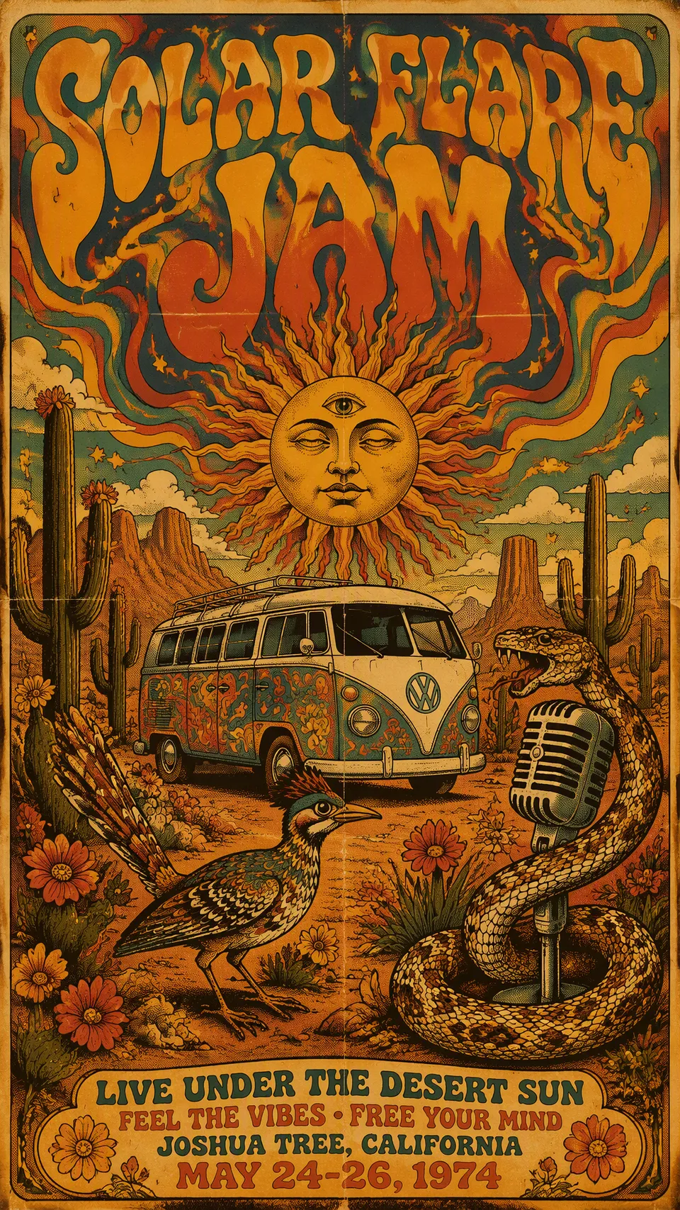 پرامپت طراحی با چت جی پی تی GPT Image : A psychedelic 1970s style music poster… - ساخته‌شده با چت جی پی تی GPT Image
