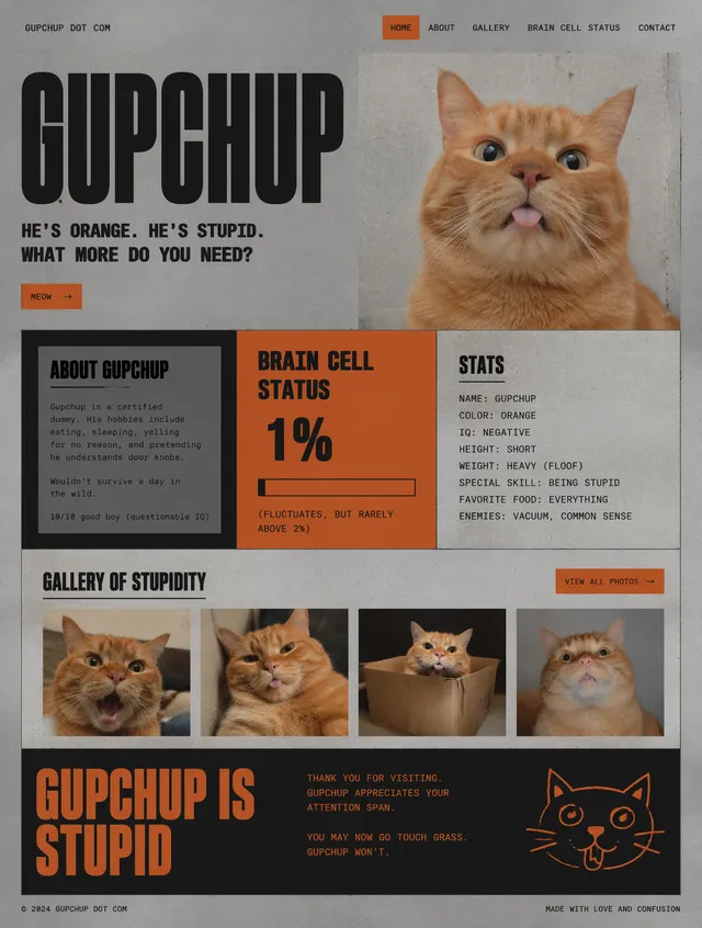 a Goofy neo brutalist website for my cat gupchup He's ora...