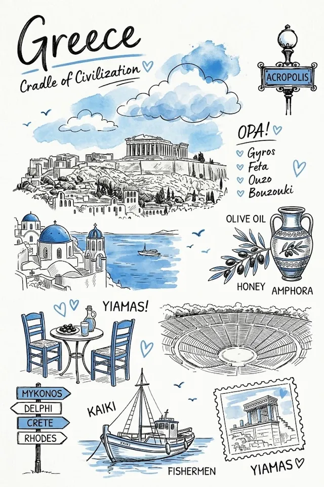 Create a hand-drawn vintage travel journal illustration o...