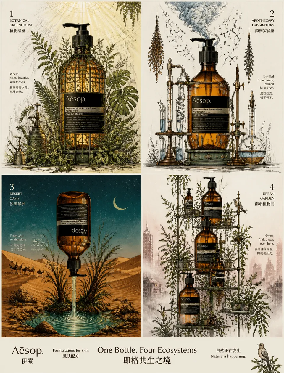 پرامپت لوگو با چت جی پی تی GPT Image : 请生成一张高端2×2网格广告海报，为 Aesop 经典琥珀玻璃洗手液创作。【版式】2×2等分四… - ساخته‌شده با چت جی پی تی GPT Image