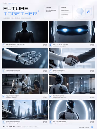 پرامپت استوری‌بورد با چت جی پی تی GPT Image : TITLE: Futuristic AI Robot Commercial Storyboard - ساخته‌شده با چت جی پی تی…