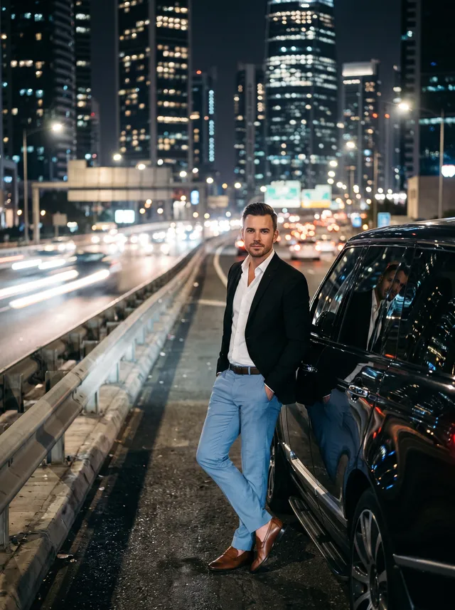 A cinematic night-time urban portrait of a confident, handsome man leaning against a black luxury SUV on a modern city highway. He