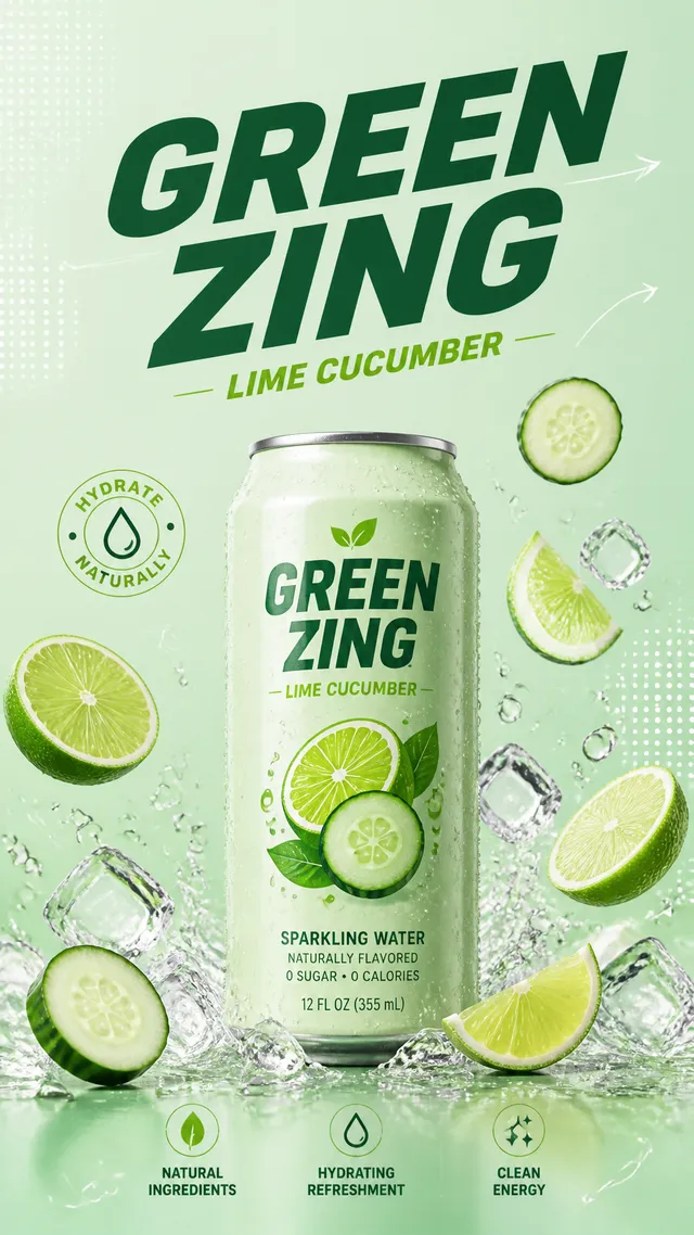 青柠黄瓜气泡饮料广告，薄荷绿色背景，顶部大主标“GREEN ZING”，使用粗体斜体无衬线字体，干净有力量，副标“...