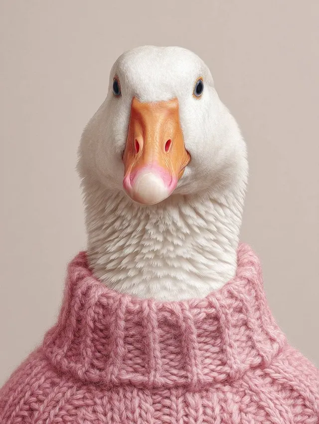 A portrait of a white goose wearing a knit [Color] sweate...
