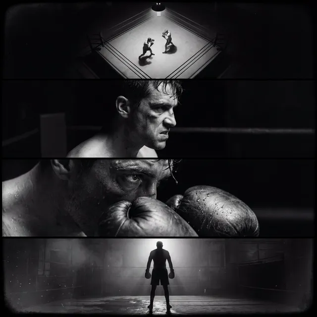 Create a single film noir–style cinematic image divided i...