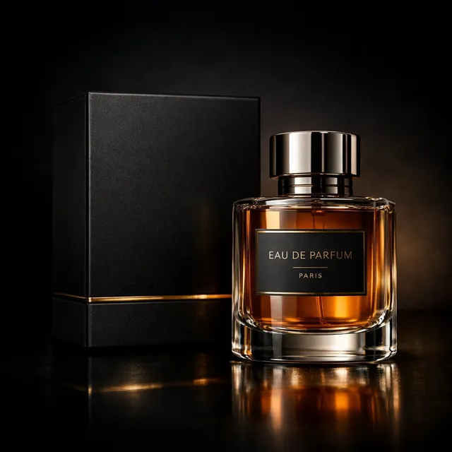 Luxury perfume product photography in a dark cinematic st...