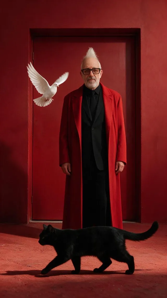 Créer une image ultra réaliste d’une Personne(photo téléchargée)debout devant une grande porte rouge mate, mur rouge uniforme, por