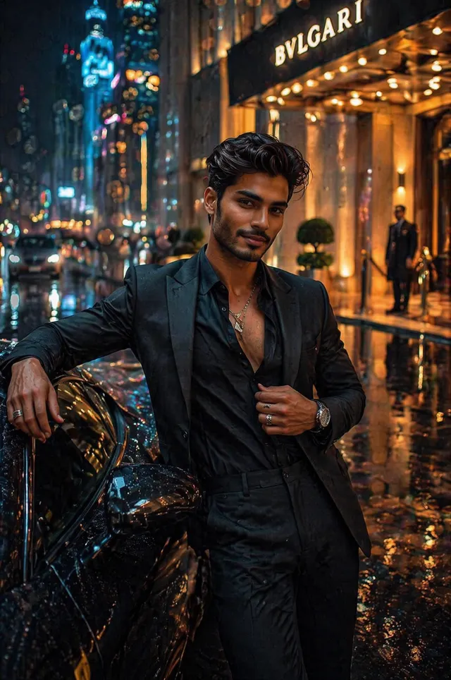 A striking South Asian male fashion model wearing a luxur...