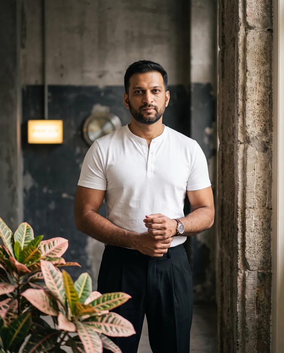 پرامپت عکاسی با نانو بنانا جمینای : A portrait of a confident, muscular man… - ساخته‌شده با نانو بنانا جمینای