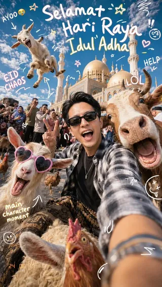 پرامپت عکاسی با چت جی پی تی GPT Image : Ultra-realistic super cute chaotic Eid al-Adha… - ساخته‌شده با چت جی پی تی GPT Image