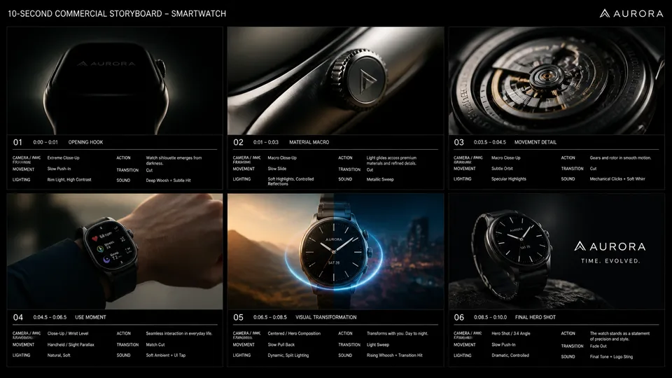 پرامپت استوری‌بورد با چت جی پی تی GPT Image : Create a 10-second cinematic product… - ساخته‌شده با چت جی پی تی GPT Image
