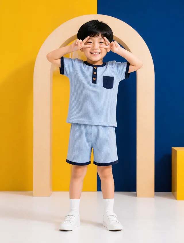 A young East Asian boy with a joyful expression stands ce...