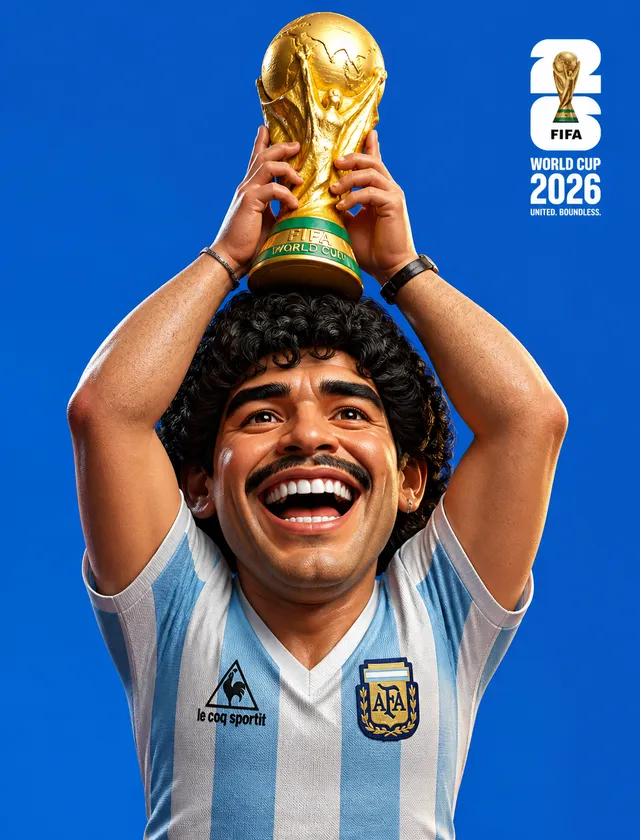 A 3D cartoon realistic caricature of Diego Maradona. He h...