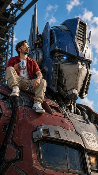 پرامپت پس‌زمینه با چت جی پی تی GPT Image : A realistic close-up of the giant Optimus… - ساخته‌شده با چت جی پی تی GPT Image